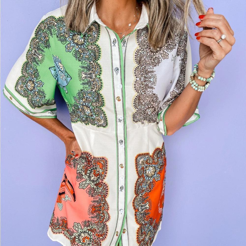 Button-Front Mixed Color Mini Dress - Picture 2 of 12